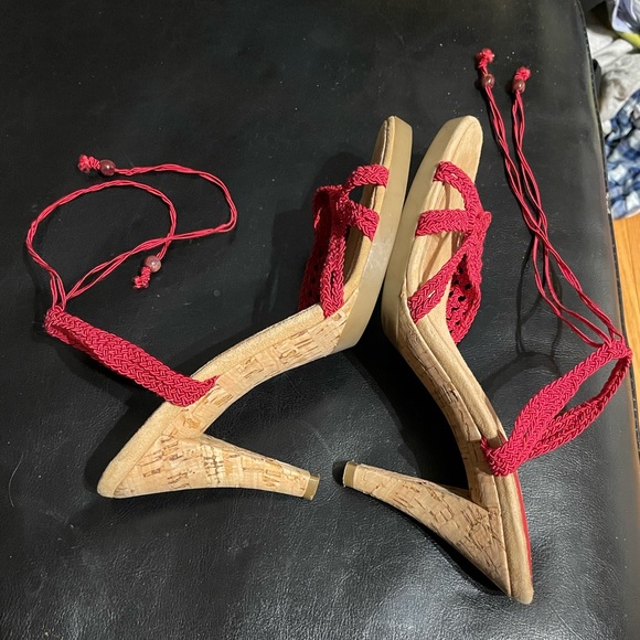 Vintage y2k Knit Crochet laceup Slingback ankle ties strap pumps cone platforms - Picture 5 of 11